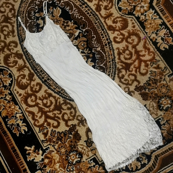 Vintage Dresses & Skirts - SOLD 90s Slinky White Shimmer Lace Maxi Dress Cottagecore Coquette Papillon